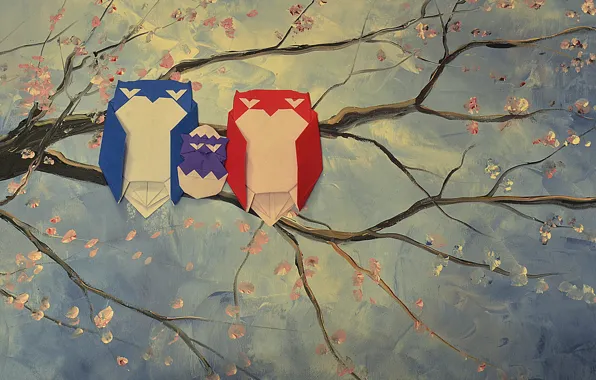 Branch, stems, owls, origami, origami, branches, owls, stalks