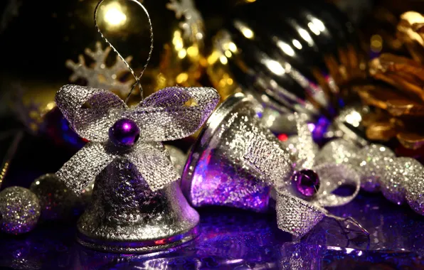 Macro, holiday, new year, purple, bows, new year, bells, Christmas decorations