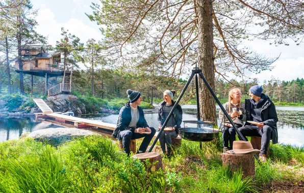 Picture Trees, Summer, People, River, Summer, Lyngdal, Friends eating around a bonfire, Friends have dinner by …