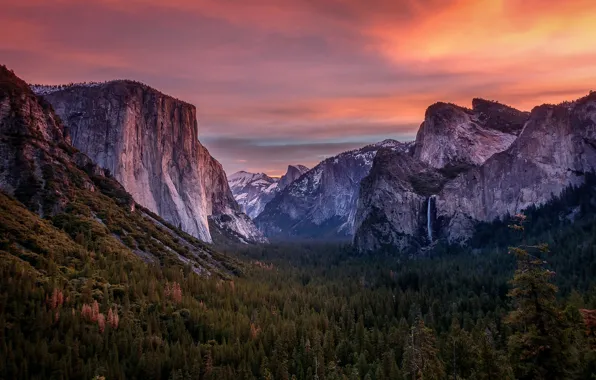 Picture forest, the sky, clouds, trees, sunset, mountains, waterfall, the evening