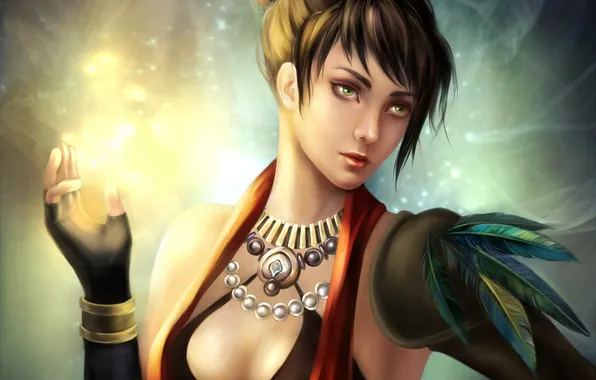 Girl, magic, feathers, art, Morrigan, Dragon Age