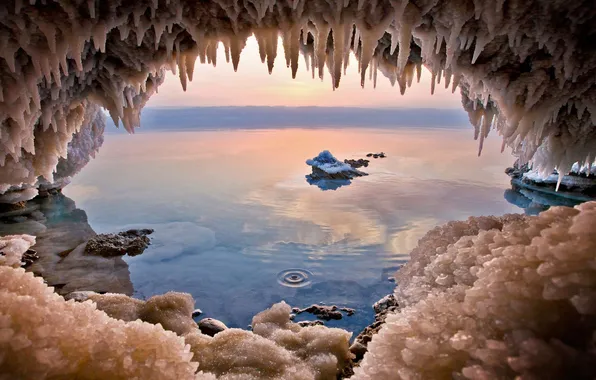 Picture crystals, cave, salt, Jordan, The dead sea
