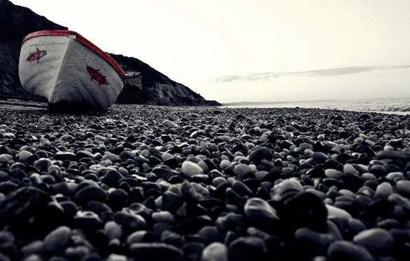 Picture sea, macro, pebbles, shore, boat, beach. stones