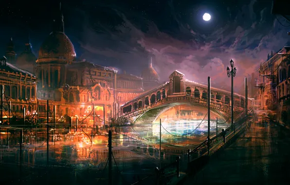 Night, bridge, the city, river, the moon, art, the full moon, Venice