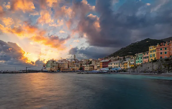 Sea, sunset, coast, building, home, Italy, Italy, The Ligurian sea
