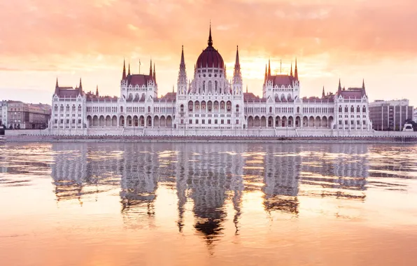 Reflection, river, Parliament, Hungary, Budapest, The Danube