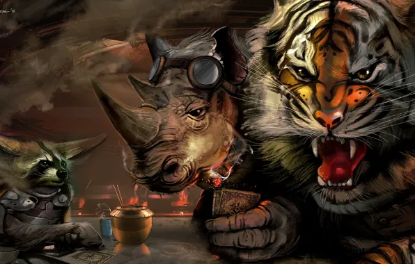 Picture The game, Tiger, Animals, Art, Raccoon, Conspiracy, Rhino, Characters