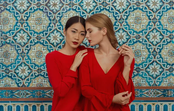 Wall, mood, pattern, red dress, two girls