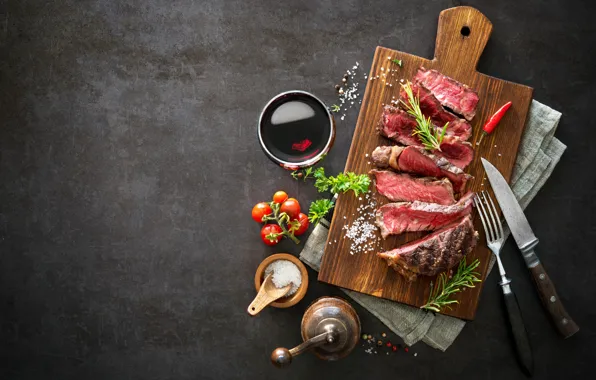 Food, meat, tomatoes, spices, cutting Board