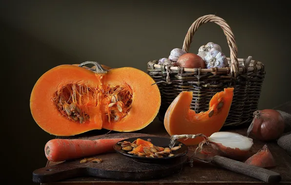 Table, food, bow, still life, basket, carrots, composition, garlic