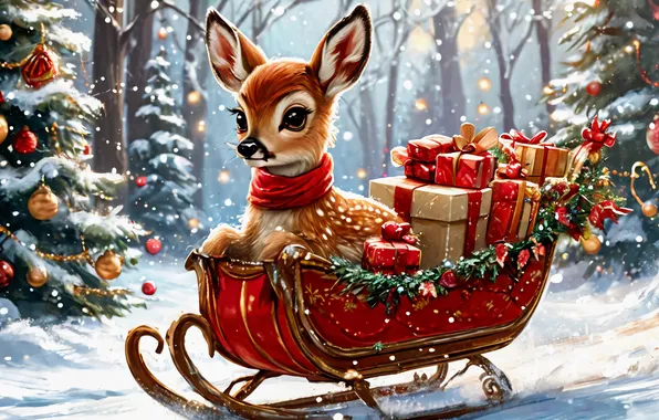 Winter, forest, snow, deer, Christmas, gifts, New year, sleigh