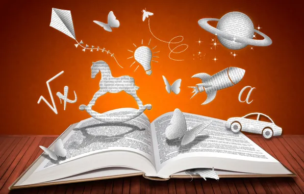 Light bulb, creative, butterfly, planet, mouse, rocket, kite, book