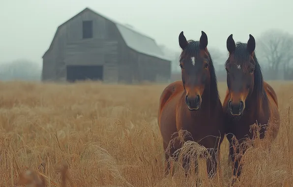 Field, look, fog, overcast, horse, horse, horses, horse