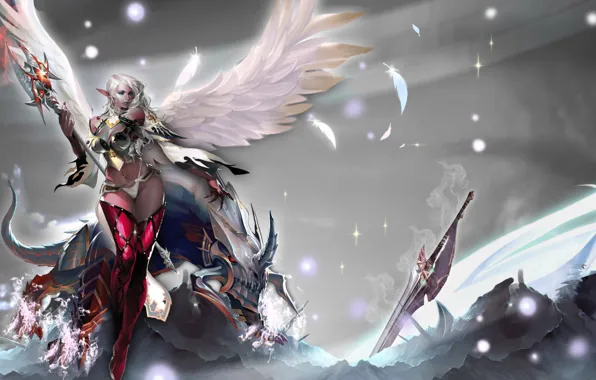 Picture girl, magic, wings, monster, sword, staff, Lineage, armor