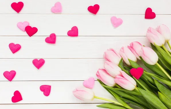 Picture love, bouquet, hearts, tulips, love, pink, wood, pink