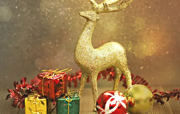 Balls, gold, toy, Board, new year, deer, Christmas, bokeh