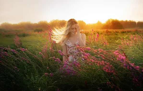 Picture grass, the sun, light, trees, flowers, smile, hair, Girl