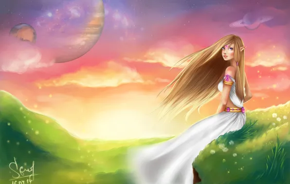 Picture the sky, look, nature, hair, dress, art, elf, fantasy