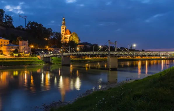 Bridge, lights, river, the evening, Austria, Salzburg