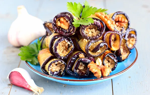 Eggplant, nuts, parsley, garlic, appetizer, rolls