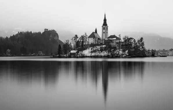 Winter, reflection, black and white, Bled, Sergey Serushkin