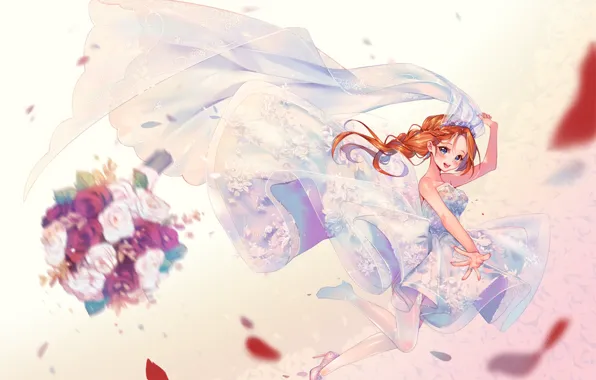 Girl, bouquet, the bride, veil