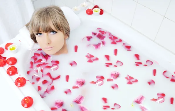 Look, girl, petals, bath, bathroom, taking a bath