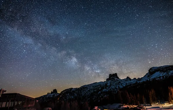 Sky, Stars, Wood, Winter, Mountain, Lights, Night, Snow