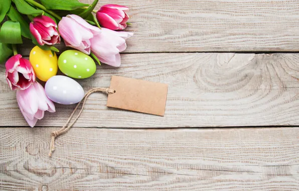 Flowers, eggs, spring, colorful, Easter, tulips, wood, pink