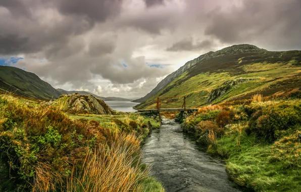 Clouds, mountains, nature, river, stream, the bridge, Wales, Snowdonia