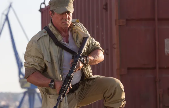 Weapons, machine, cap, Sylvester Stallone, Sylvester Stallone, Barney Ross, The Expendables 3, The expendables 3