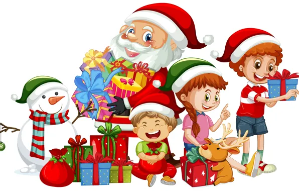Joy, children, smile, deer, Christmas, gifts, white background, New year