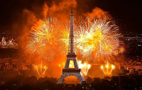 City, lights, Paris, tower, night, France, fireworks, La tour Eiffel