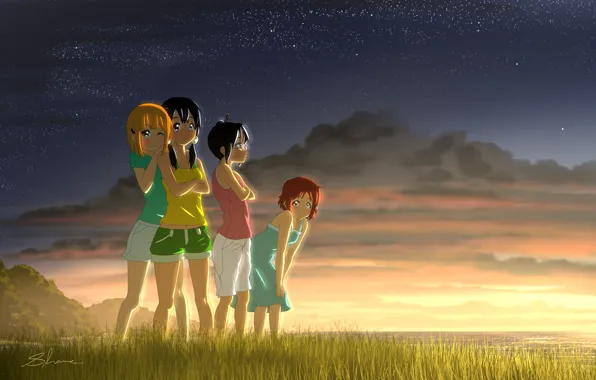 Sea, grass, sunset, girls, meadow, Shop Tamako, Tamako Market