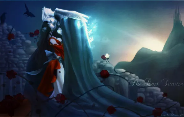 Sunrise, roses, goodbye, vampire, thoroughbred, Charlotte, Vampire Hunter D, thorns