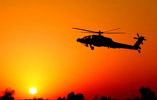 Sunset, silhouette, helicopter, Apache, red haze, AN-64A