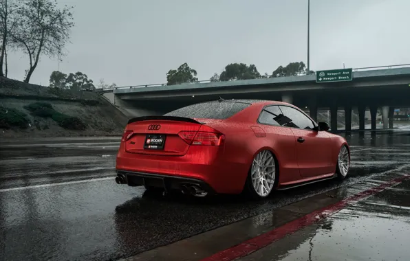Audi, Red, Bridge, Rain, Road, Audi S5, Stance, Rear