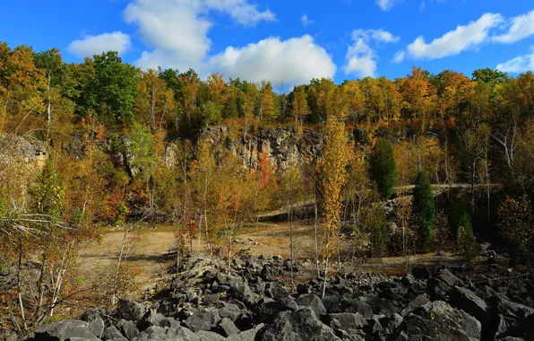 Autumn, the sky, trees, stones, slope