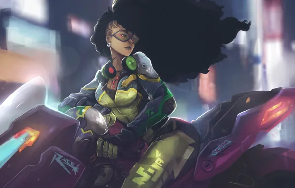 Girl, night, the city, the wind, hair, speed, motorcycle, bike