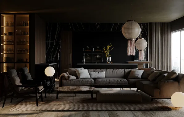 Design, style, lamp, kitchen, living room, dark color in the interior, luxury upholstered furniture