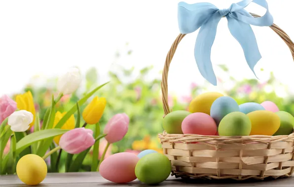 Picture flowers, basket, eggs, Easter, tape, tulips, bow, flowers