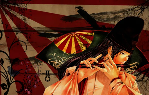 Monk, flute, long hair, musical instrument, Japanese flag, Fujiwara no Sai, Hikaru no Go