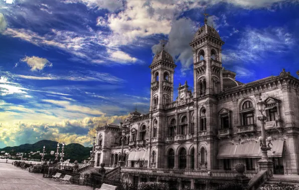 The sky, clouds, castle, HDR, Spain, San Sebastian, Basque Country, Donostia