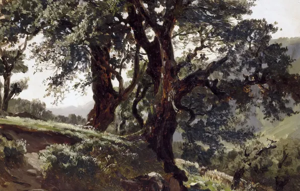 Landscape, mountains, nature, tree, Carlos de Haes, Robles