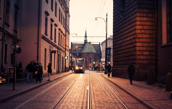 Cathedral, street, people, Poland, tram, church, Krakow