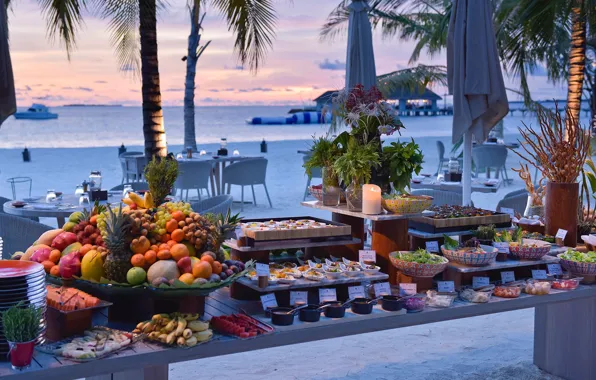 Beach, palm trees, the ocean, food, the evening, fruit, resort, exotic