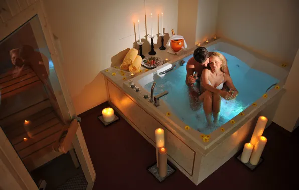 Love, romance, woman, candles, bath, male
