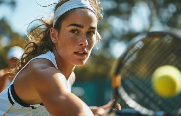 Girl, The ball, Sport, Tennis, Racket, Digital art, Closeup, AI art