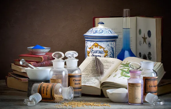 Picture style, the dark background, table, jars, dishes, book, still life, composition