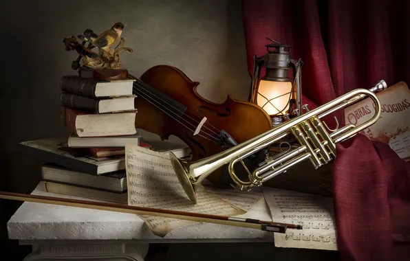 Music, violin, books, pipe, still life